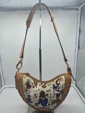 PIERO GUIDI Magic Circus Print Embossed Graffiti Brown Leather Trim Shoulder Bag